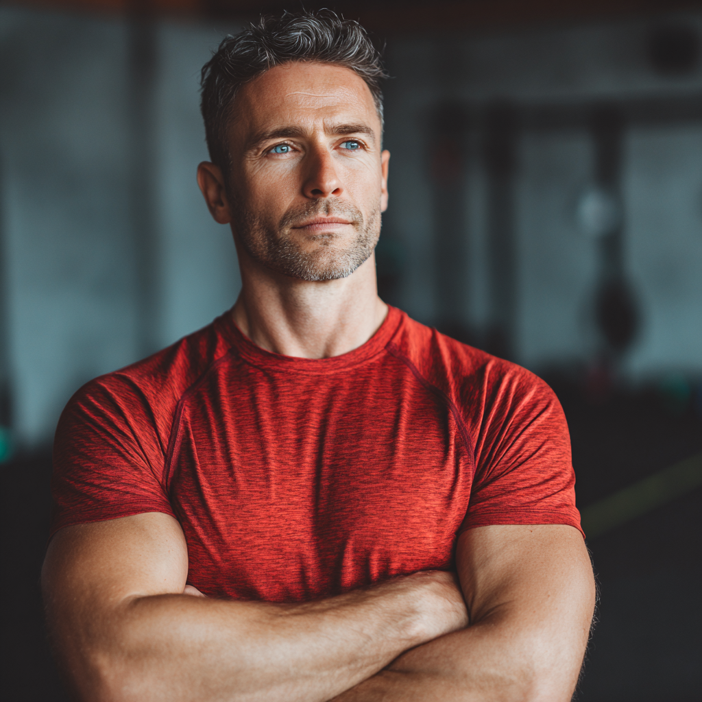 Confident man in athletic wear standing in gym with determined expression